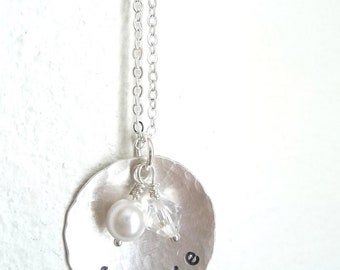 Personalized Hand Stamped Sterling Silver Necklace with vintage pearl and crystal bead - 7/8 inch disc