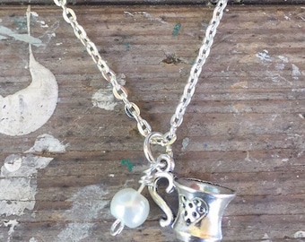 Teacup Necklace - featuring adorable silver teacup charm and vintage pearl - Ready to Ship
