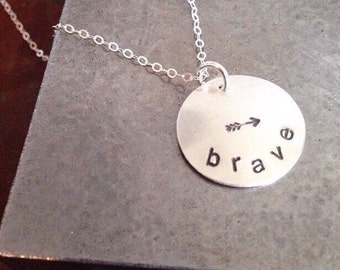 brave - Custom Hand Stamped Domed Sterling Silver Necklace with arrow