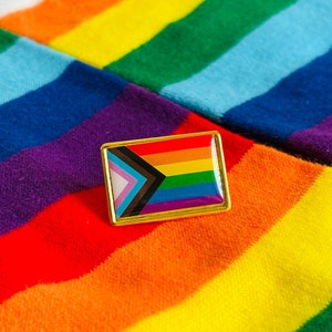 Könnte beinhalten: Ein regenbogenfarbener Stoff mit einer goldenen Anstecknadel, die eine mehrfarbige Pride-Flagge mit einem schwarzen und braunen Dreieck in der Mitte zeigt.