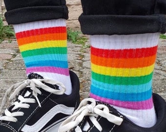 LGBTQ PRIDE socks, LGBT Love is Love socks, rainbow clothing, queer fashion, gift for gay men. Gift idea for bisexuals, gay men, and trans people.