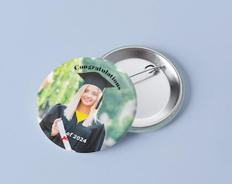 100 qty-1.25" PRINTED custom grad graduation photo buttons pin back flair, custom design, badges