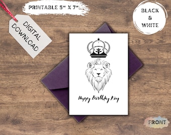 Tarjeta de cumpleaños digital, Imprimible en blanco y negro, Tarjeta de felicitación, TARJETA REY LEÓN 5x7"