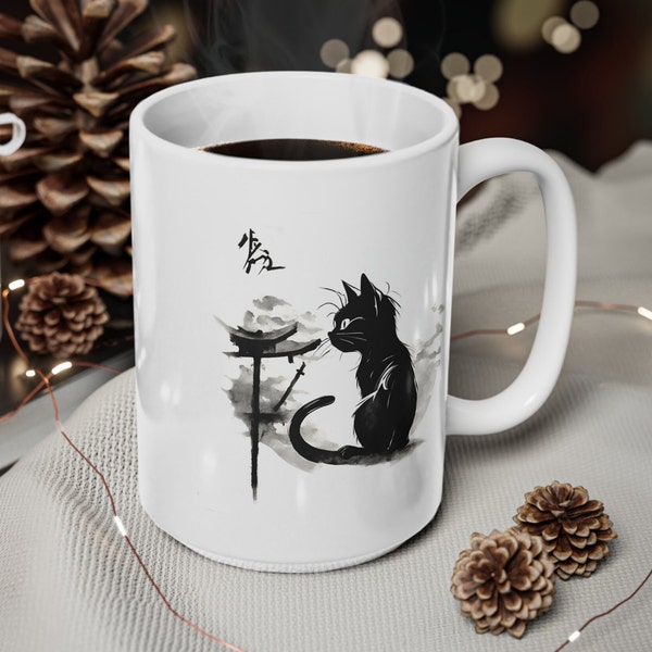 Tasse à café en céramique Sumi-e Art Black Cat, 11 oz | Cadeau | Chat mignon d'art japonais | de thé d'illustration animale | Cadeau d'anniversaire