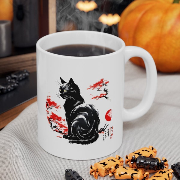 Tasse à café en céramique Sumi-e Art Black Cat, 11 oz | Cadeau | Chat mignon d'art japonais | de thé d'illustration animale | Cadeau d'anniversaire