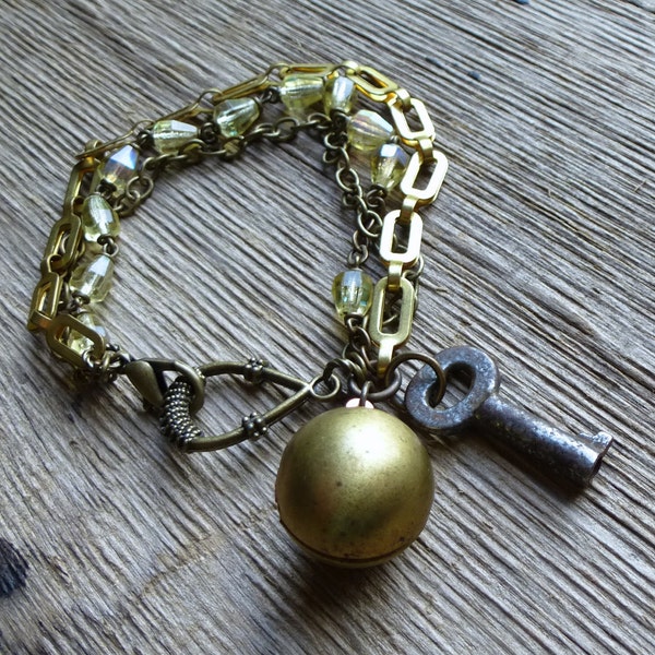 Keepsake Charm Bracelet with Vintage Key, Brass Ball Locket, Recycled Glass Rosary Beads