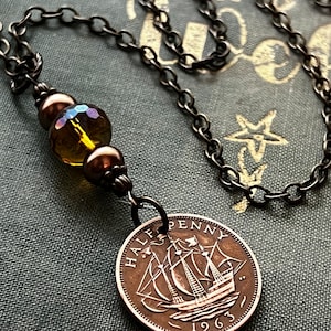 Ship Coin Necklace, 1963 British Half Penny, Glass Pearl Beads and Antiqued Brass Chain