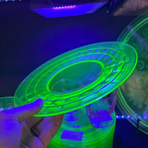 Set of 5 Vintage Uranium Glass Salad Plates 8” | Depression Glass | Vaseline Glass | UV Reactive | Art Deco Green Glass | Glows Under Blackl