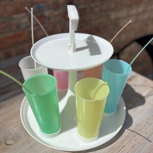 Vintage Tupperware Iced Tea Set w/ Carousel Tray, 6 Pastel Cups, Mid Century Drink Server, Retro Entertaining Set, 1960s 1970s USA