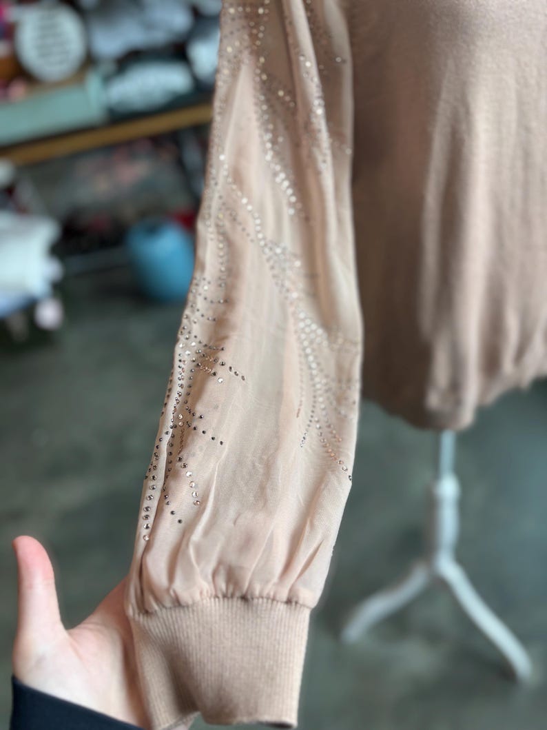 Puede incluir: Un su&eacute;ter de color melocot&oacute;n claro con mangas transparentes. Las mangas est&aacute;n adornadas con un patr&oacute;n de peque&ntilde;os adornos brillantes. El su&eacute;ter tiene un pu&ntilde;o acanalado y un cuello redondo.