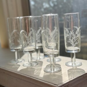 May include: A collection of clear, stemmed glasses with etched wheat or floral designs. The glasses are arranged on a white surface, with sunlight casting shadows. The design is repeated on each glass, creating a cohesive set.