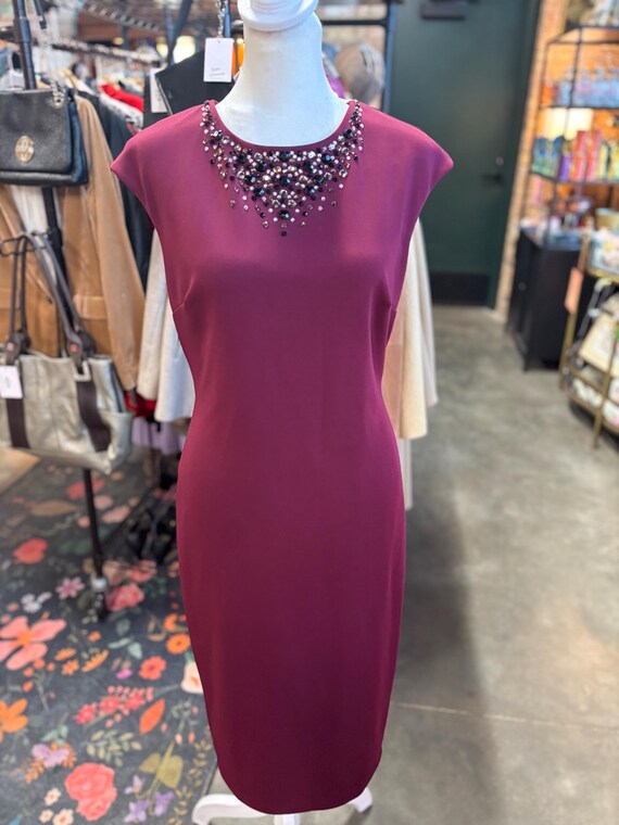 maggy london burgundy dress Maggy London Ruffle Mock Neck Short Sleeve Stretch Crepe Midi Pencil Sheath Dress