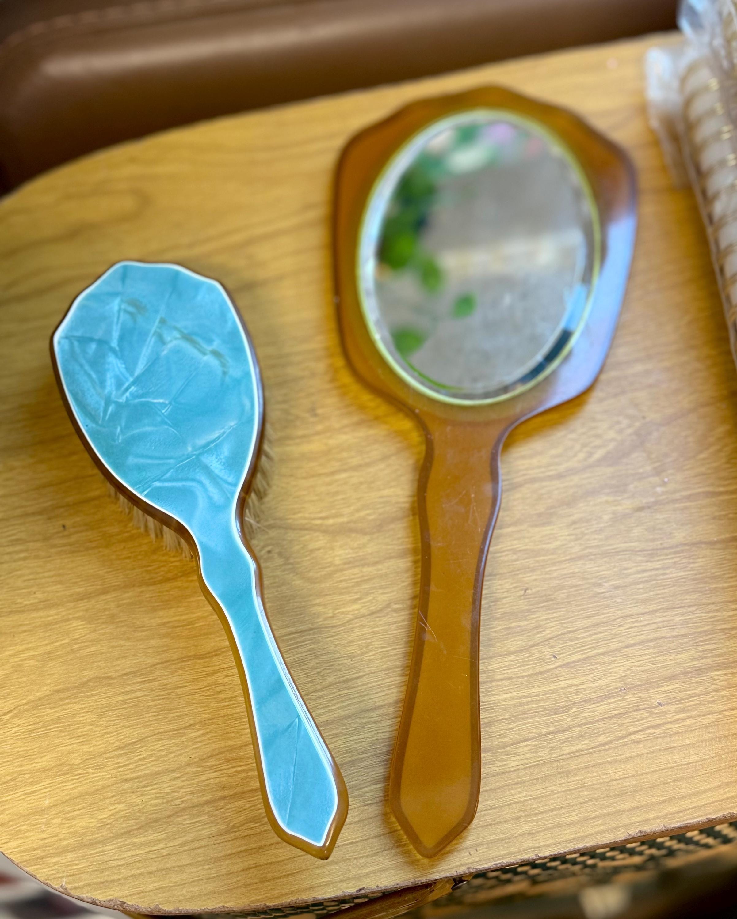 Vintage (60’s) ~ Turquoise ~ 3 Piece Set ~ Hand Mirror, Brush & Jewelry Jar Set Vintage Mid Century Vanity Set – Amber & Turquoise Hand  main image 3