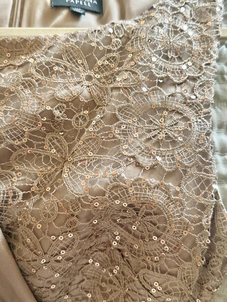 Puede incluir: Primer plano de un vestido formal con intrincada superposici&oacute;n de encaje y adornos de lentejuelas. El vestido es de color champ&aacute;n neutro, con un delicado patr&oacute;n de encaje floral. La etiqueta Anna Papell es visible.