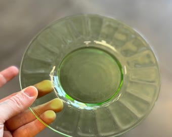 Set of 2 Vintage Uranium Glass Plates | 6” Green Depression Glass Dessert Plates | Vaseline Glass Glow | Collectible Glassware