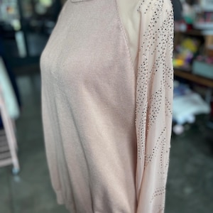 Puede incluir: Un su&eacute;ter rosa claro con cuello alto y mangas largas. Las mangas son transparentes con un patr&oacute;n de peque&ntilde;os adornos brillantes. El su&eacute;ter se exhibe en un maniqu&iacute;.