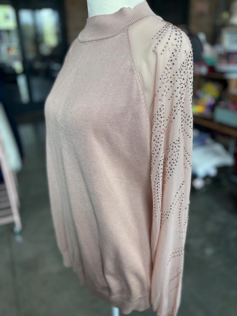 Puede incluir: Un su&eacute;ter rosa claro con cuello alto y mangas largas. Las mangas son transparentes con un patr&oacute;n de peque&ntilde;os adornos brillantes. El su&eacute;ter se exhibe en un maniqu&iacute;.