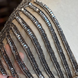 May include: Close-up of a section of a garment with intricate bead and sequin embellishments. The design features vertical rows of silver sequins and beads on a sheer, beige fabric, creating a shimmering effect. The details suggest formal wear.