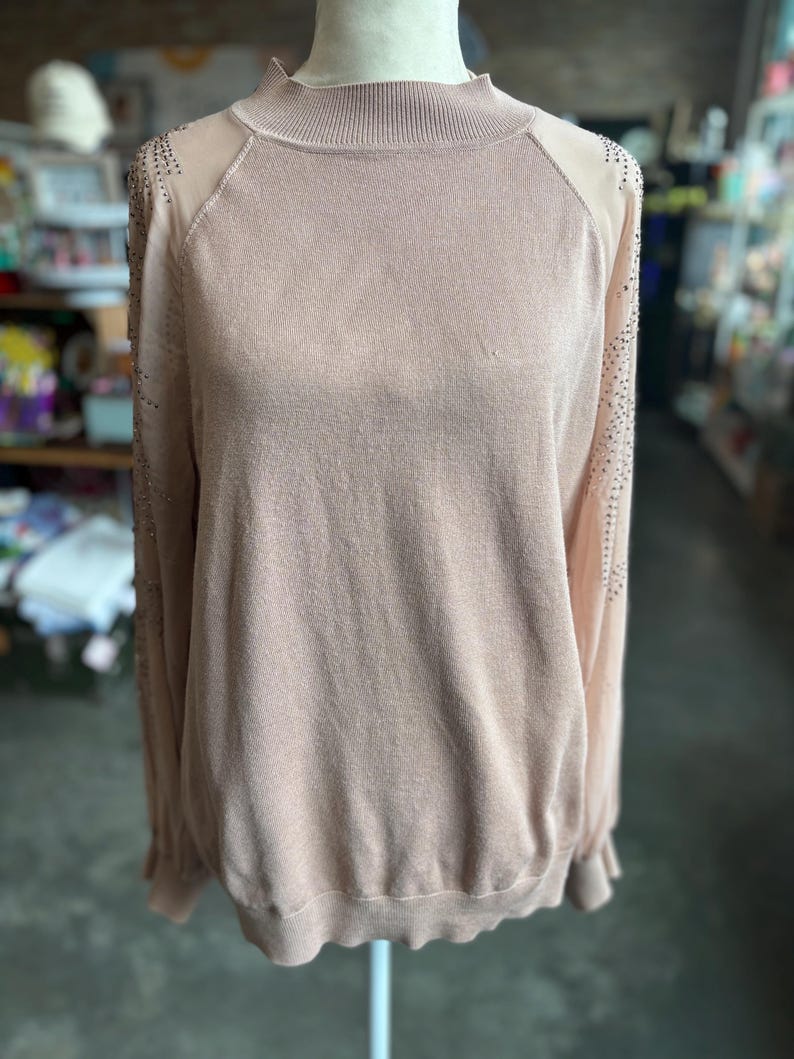Puede incluir: Un su&eacute;ter rosa claro con cuello alto y mangas largas. Las mangas tienen paneles transparentes en los hombros, adornados con peque&ntilde;os adornos brillantes. El su&eacute;ter se exhibe en un maniqu&iacute;.