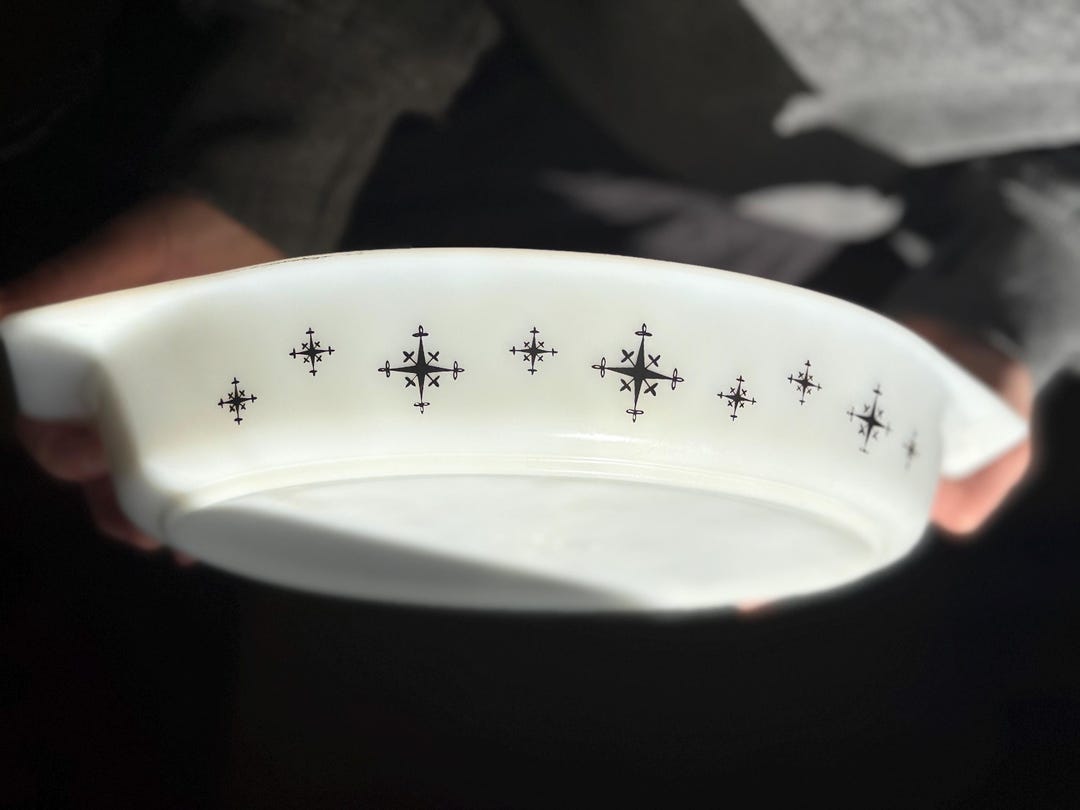 Pyrex Patterns Atomic Vintage Pyrex Divided Casserole Dish – Black Atomic Starburst Print - Etsy