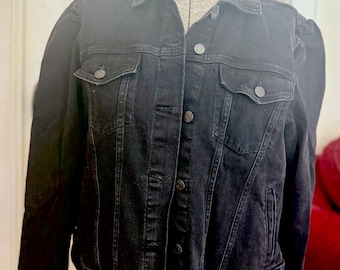 GAP Black Denim Trucker Jacket | Women's XL, Puffed Sleeve