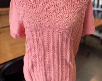 Y2K Ann Taylor Factory Pink Crochet Knit Sweater Top Small | Cottagecore Cotton Short Sleeve Pullover