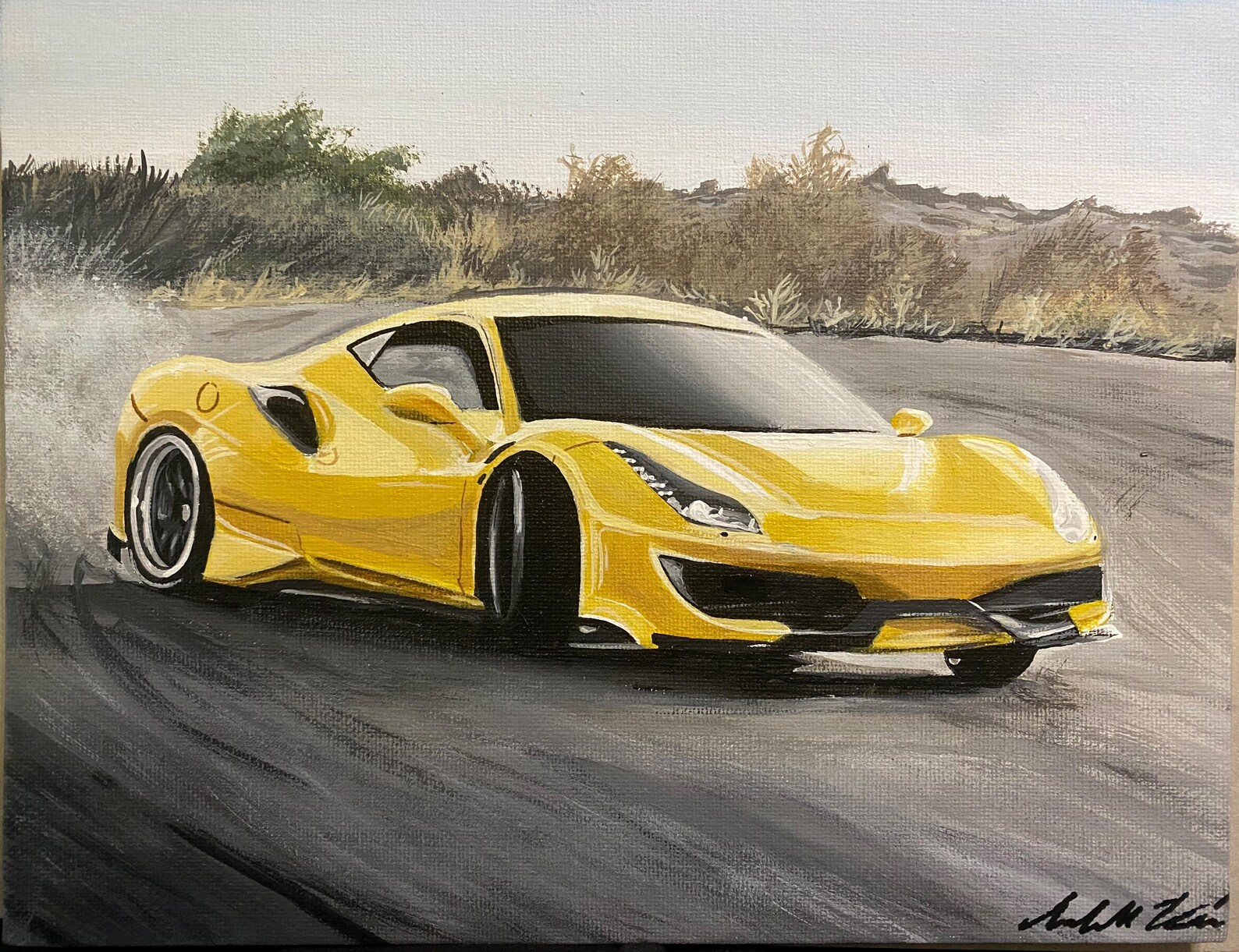 8x10 Hand Painted Ferrari on Canvas Panel. Yellow Ferrari Acrylic ...