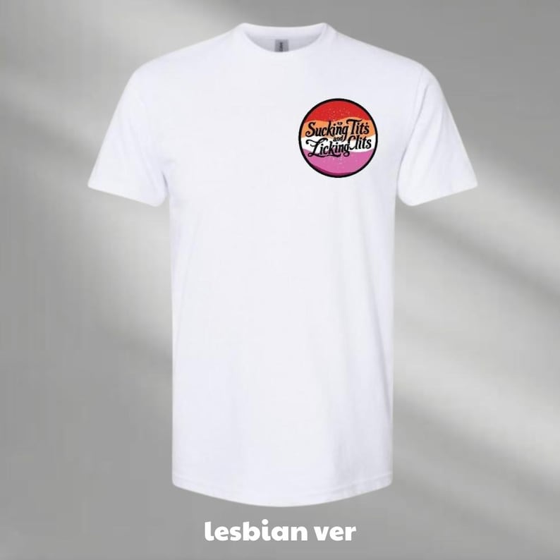 a white t - shirt with a pink and red logo
