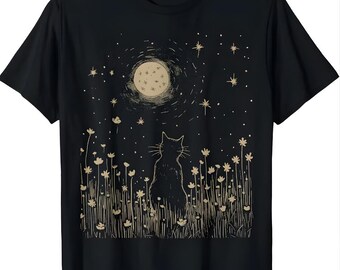 Floral Black Cat Moon Shirt, Halloween Cottagecore Cat Shirt, Witchy Cat Lover Shirt, Vintage Moon Cat Shirt, Retro Cat Shirt, Moon Cat Tee