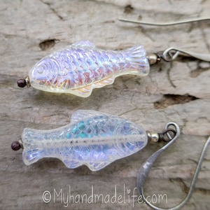 Crystal AB Czech Glass Fish Earrings: Antique Silver Brass Earwires