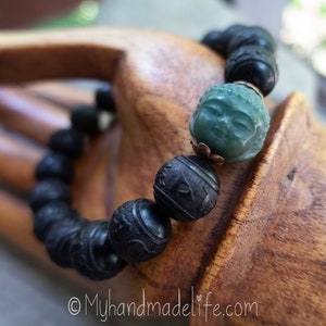 Black Carved OM Mantra Natural Sandalwood Beads | Scent Therapy | Bodhi Root Buddha Head | Tibetan Buddhist Mantra | Wood Bracelet Under 25