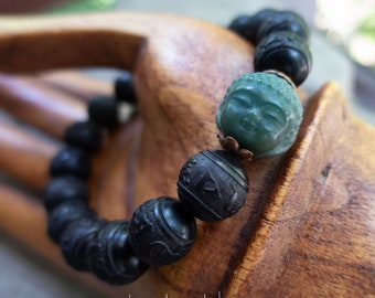 Black Carved OM Mantra Natural Sandalwood Beads | Scent Therapy | Bodhi Root Buddha Head | Tibetan Buddhist Mantra | Wood Bracelet Under 25