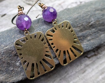 Good Day Sunshine | Sunflare Earrings | Amethyst Stone | Natural Stones | Sun Lover | Purple and Gold | Earthy & Organic | Earrings Under 25