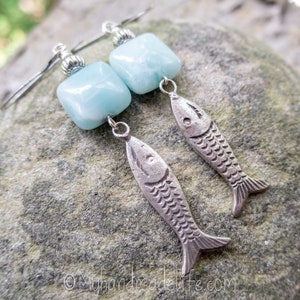 Fish Charms Fish Earrings Fish Lover Amazonite Stones Vintage Fish Charms One of a kind l Earthy & Organic Earrings Under 25 image 6