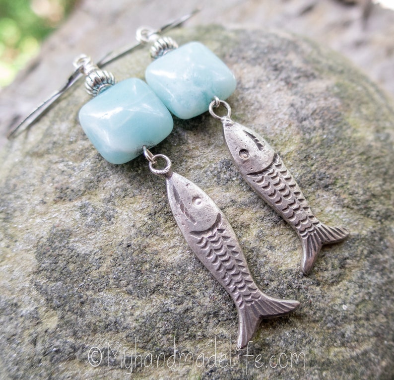 Fish Charms Fish Earrings Fish Lover Amazonite Stones Vintage Fish Charms One of a kind l Earthy & Organic Earrings Under 25 image 6