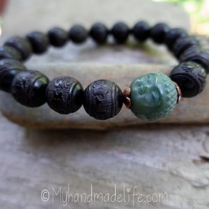 Black Carved OM Mantra Natural Sandalwood Beads Scent Therapy Bodhi Root Buddha Head Tibetan Buddhist Mantra Wood Bracelet Under 25 image 9