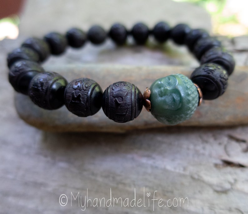 Black Carved OM Mantra Natural Sandalwood Beads Scent Therapy Bodhi Root Buddha Head Tibetan Buddhist Mantra Wood Bracelet Under 25 image 9