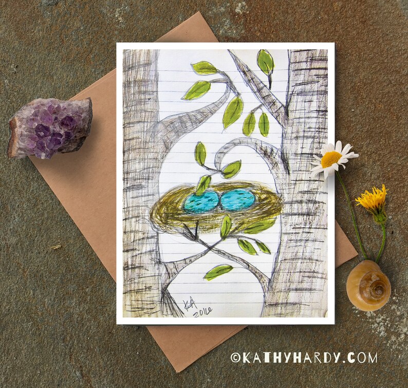 Blank Notecard Two Eggs In Nest Card Just Because Card Cute Greeting Card Unique Greeting Card Original Drawing by Kathy Hardy