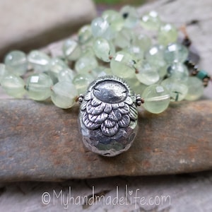 Pewter Boddhisattva Doll Pendant: Green Prehnite Stone Necklace