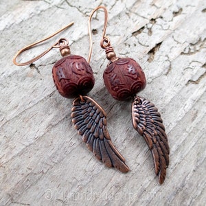 Wing and a Prayer Earrings Natural Carved Blackwood Om Mani Padme Hum Beads Copper Wing Earrings Angel Wing and Om Earrings Under 25 image 4