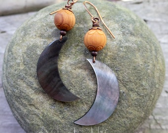 Lotus Moon Earrings | Long Drop Earrings | Mother of Pearl Moons | Carved Lotus Sandalwood l Yoga Lover | Boho Hippie | Earrings Under 25