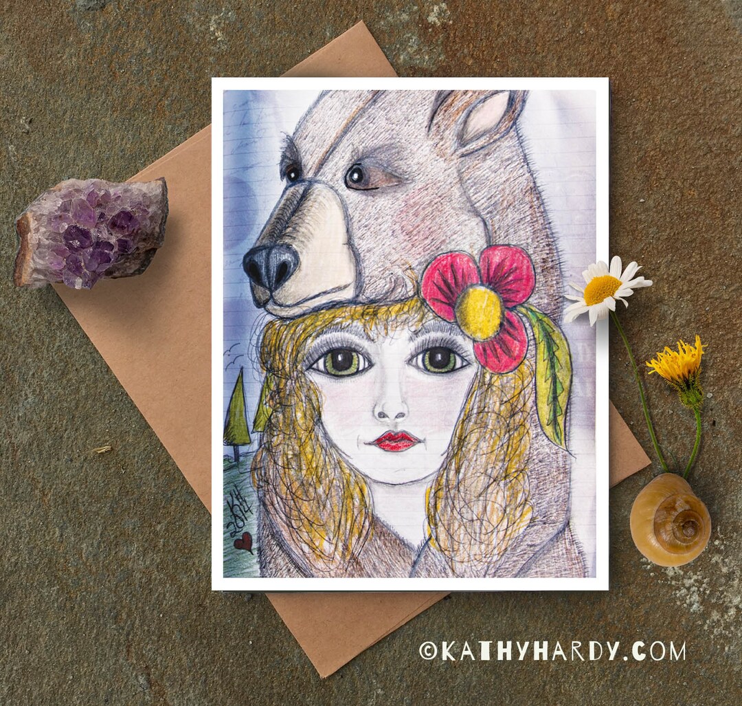 Bear and Girl Note Card Original Drawing by Kathy Hardy Bear on Girl