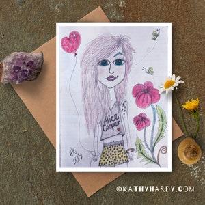 Linda Rocker Chick Nota Card / Dibujo Original por Kathy Hardy / Just Because Card / Blank Notecard / Tarjeta de Nota Unique / Tarjeta de Felicitación Bonita