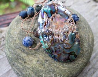 Pāua Abalone Shell Pendant | Natural Sunset Dumortierite Stones | Hand-knotted | Hypoallergenic | Large Shell Necklace | Necklace Under 40