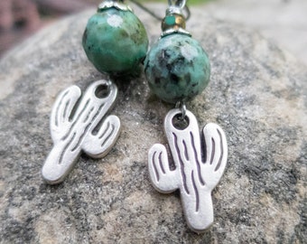 Cute Cactus Earrings | Silver Plated Cactus | African Turquoise Stones  | Southwest Jewelry l Southwest Lover Jewelry | Earrings Under 25