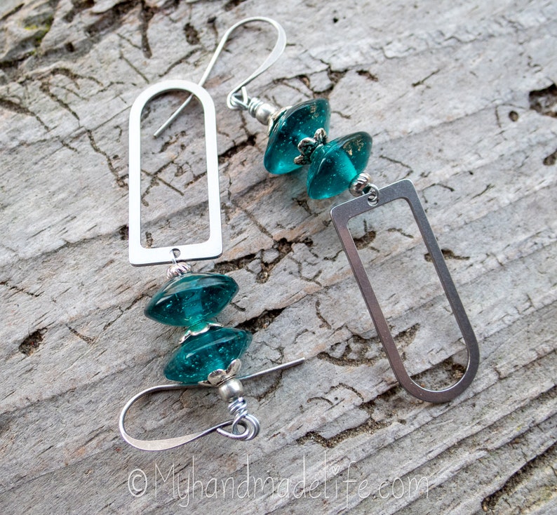 Vintage Teal Vaseline Glass Bead Earrings Stainless Steel U Shape Earrings Old Glass Bead Lover Boho Hippie Chic Earrings Under 30 image 5