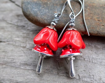 Adorable Mushroom Earrings Earrings | Amanita Mushrooms | Vintage Glass | Mushroom Earrings | Red Mushroom Earrings | Cute Earrings Under 25