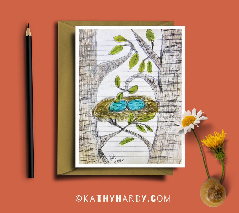 Blank Notecard Two Eggs In Nest Card Just Because Card Cute Greeting Card Unique Greeting Card Original Drawing by Kathy Hardy