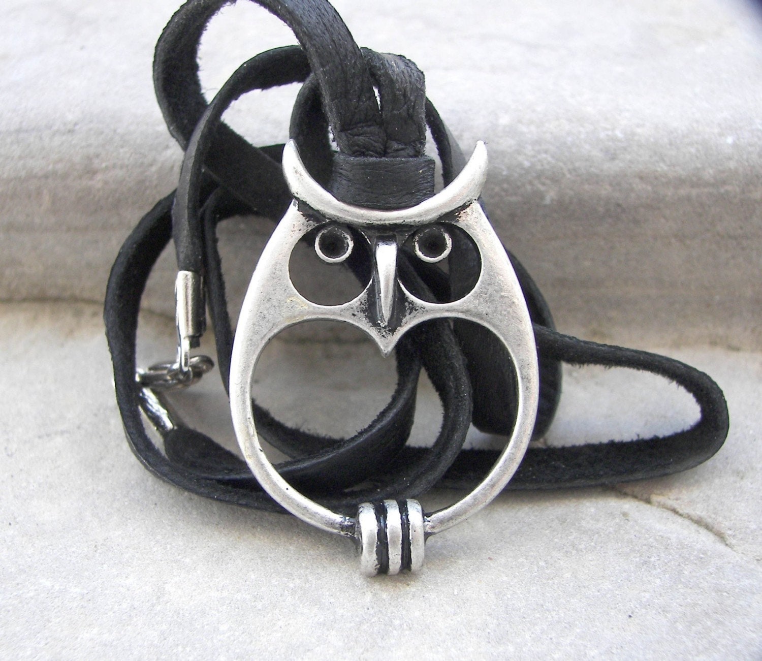 Pewter Owl Charm Necklace: Black Leather Cord, Bird Lover Gift
