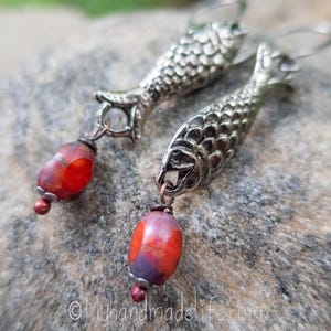 Pewter Sardine Fish Earrings: Vintage Czech Glass, Summer Jewelry